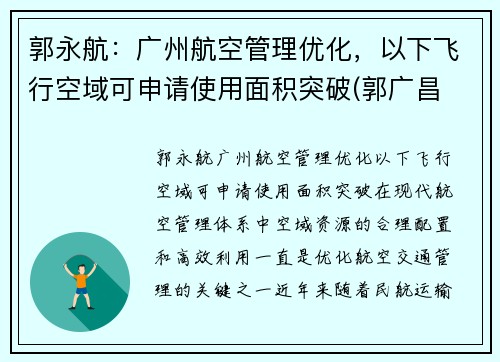 郭永航：广州航空管理优化，以下飞行空域可申请使用面积突破(郭广昌 航空)