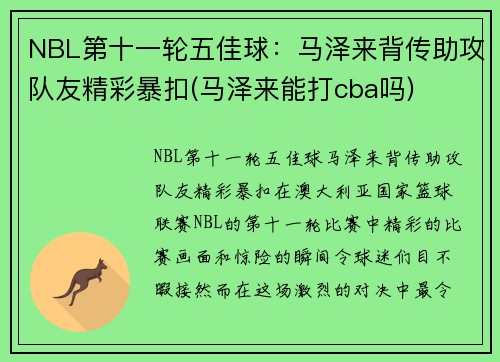 NBL第十一轮五佳球：马泽来背传助攻队友精彩暴扣(马泽来能打cba吗)