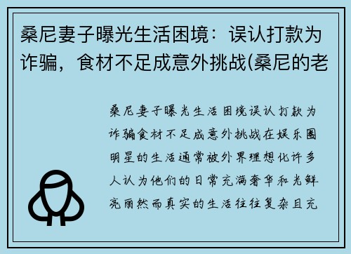 桑尼妻子曝光生活困境：误认打款为诈骗，食材不足成意外挑战(桑尼的老公)