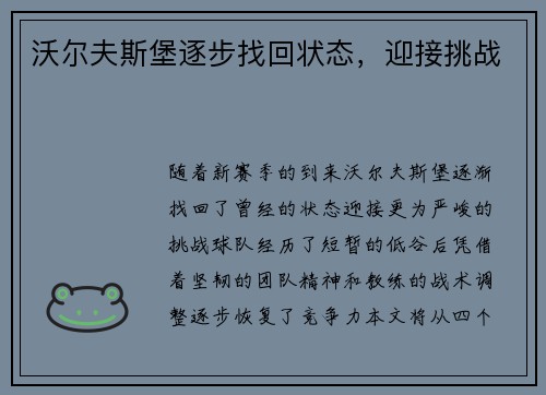 沃尔夫斯堡逐步找回状态，迎接挑战