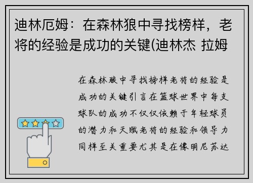 迪林厄姆：在森林狼中寻找榜样，老将的经验是成功的关键(迪林杰 拉姆)