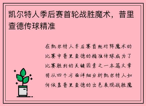 凯尔特人季后赛首轮战胜魔术，普里查德传球精准