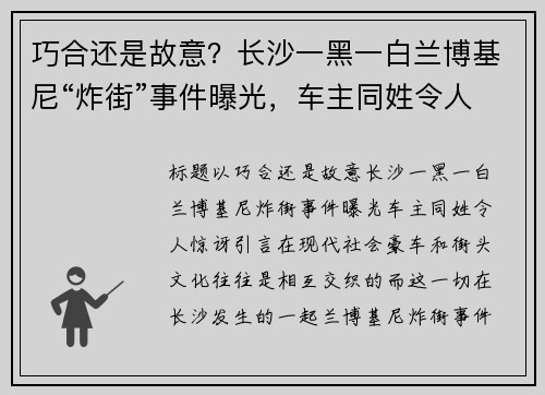 巧合还是故意？长沙一黑一白兰博基尼“炸街”事件曝光，车主同姓令人惊讶
