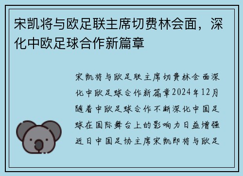 宋凯将与欧足联主席切费林会面，深化中欧足球合作新篇章